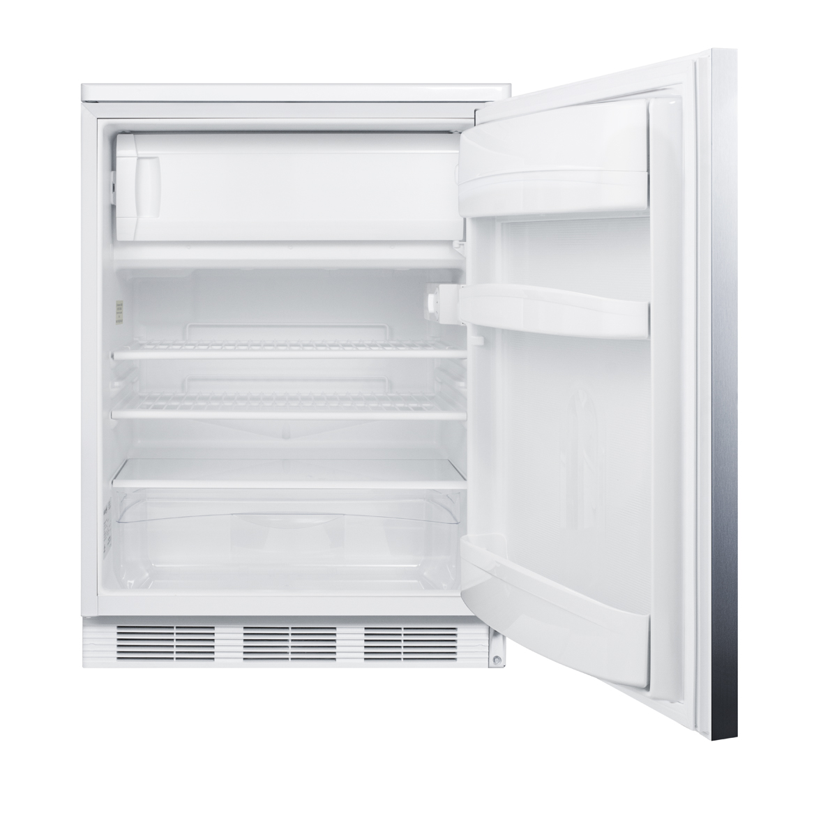 Built-in undercounter ADA compliant refrigerator-freezer for general purpose use, w/dual evaporator cooling, lock, SS door, horizontal handle, white cabinet
